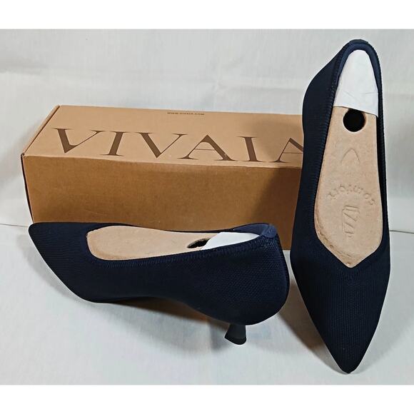 NIB Vivaia Sz 8 (39) SCARLETT Navy Blue Pointy Toe Kitten Heel Pumps - Picture 1 of 7